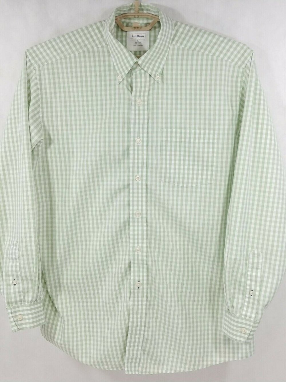 LL Bean Green White Plaid Cotton L/S Button Down Hiking Outdoors Shirt Mens L
